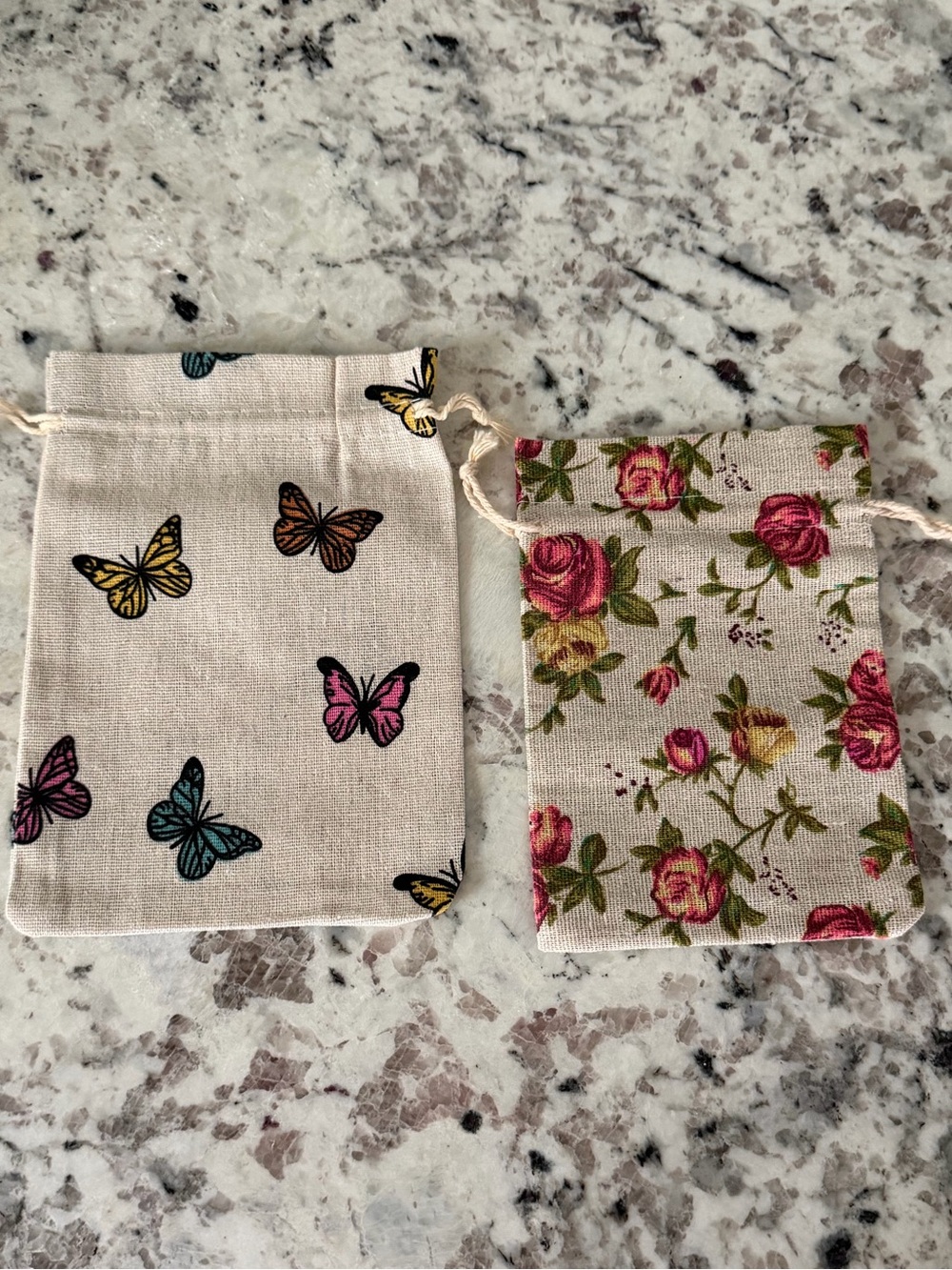 LOT/2 Burlap Pouches / Bags Butterflies & Flowers Dolly Parton Inspired Style 🦋🌹
